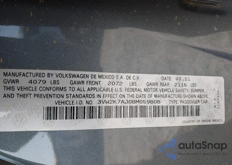 2011 Volkswagen Jetta 2.0L S из США, поврежденный, VIN 3VW2K7AJ0BM059808